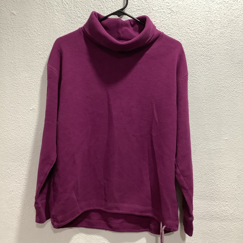 Lands' End Womens Turtleneck Top Medium Fuchsia Cotton Waffle Knit Stretch Basic